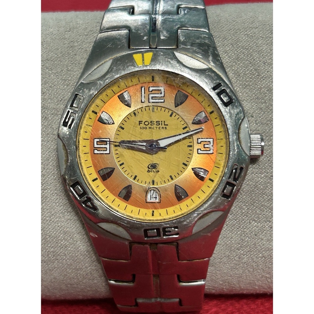 Vintage Fossil Blue AM-3733 300410 Orange Dial And Silver Band READ